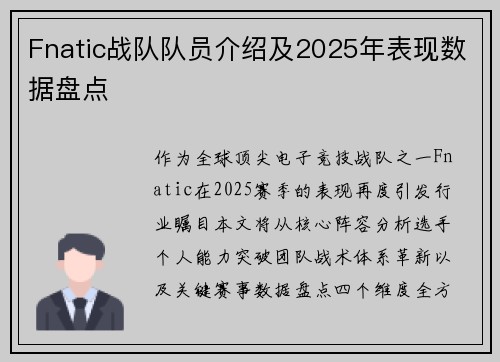 Fnatic战队队员介绍及2025年表现数据盘点